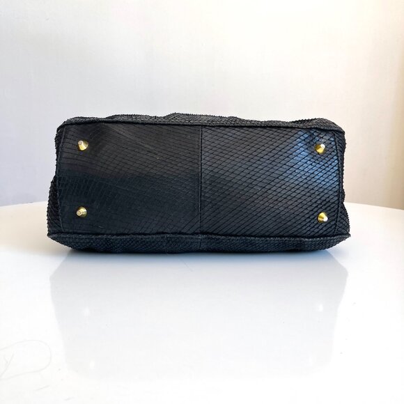 Cynthia Rowley Black Snake Reptile Textured Leather Chain Link Hobo Shoulder Bag - Picture 7 of 9